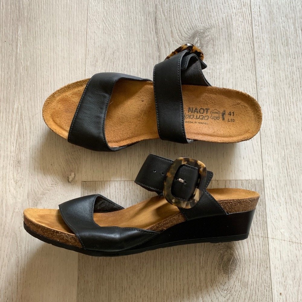 Naot‎ Leather Wedge Sandals Black Tortoise Buckle Comfort Shoes EU 41 L10